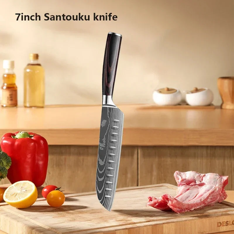 Damascus Chef's Knife Kitchen Knives Set Professional Boning Knife Meat Cleaver Utility Knife Japanese Santoku Knife with Cover