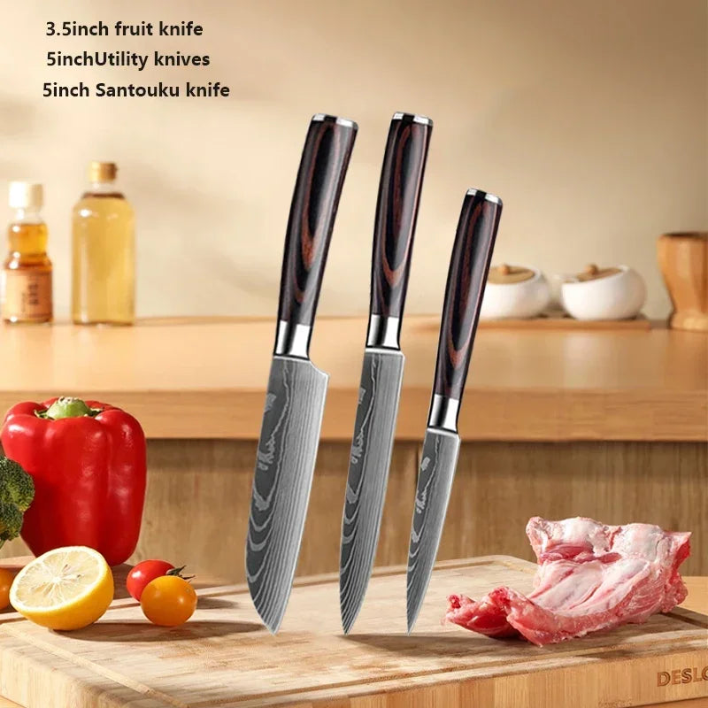 Damascus Chef's Knife Kitchen Knives Set Professional Boning Knife Meat Cleaver Utility Knife Japanese Santoku Knife with Cover