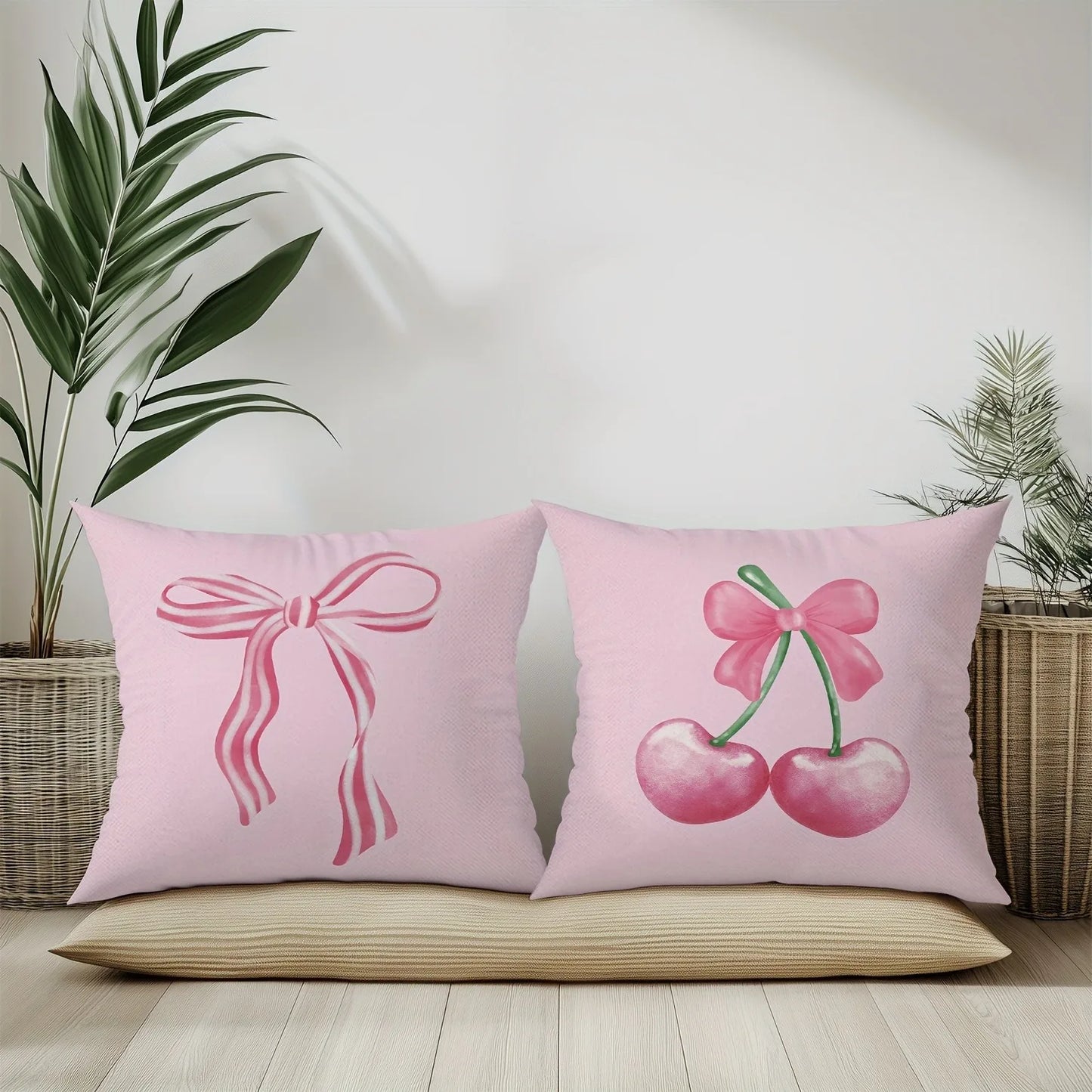 Pink bow cherry pattern printed pillowcase, soft and comfortable, sofa cushion cover, suitable for all kinds of rooms and places