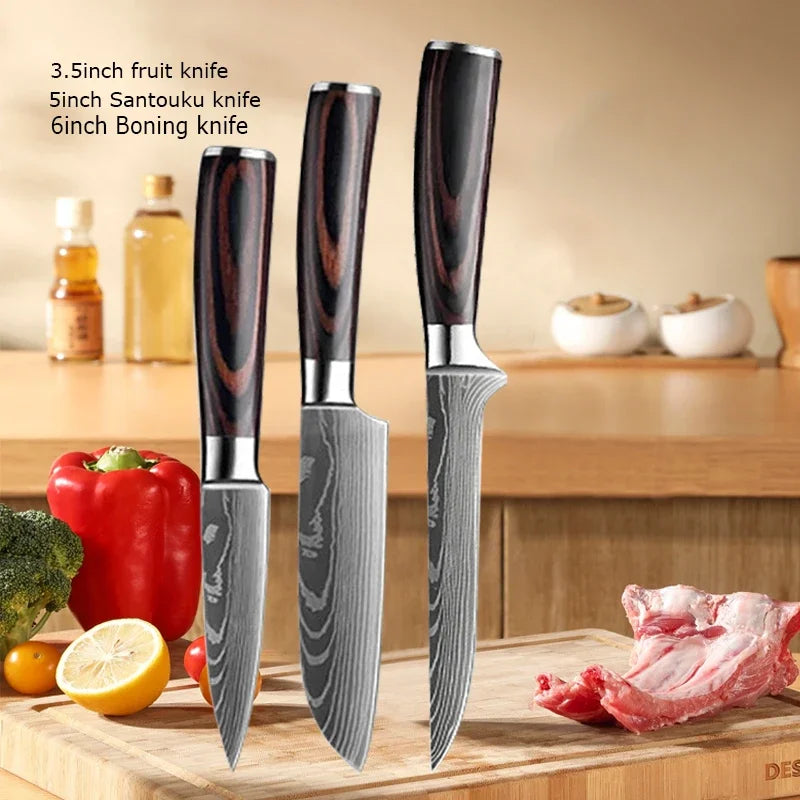 Damascus Chef's Knife Kitchen Knives Set Professional Boning Knife Meat Cleaver Utility Knife Japanese Santoku Knife with Cover