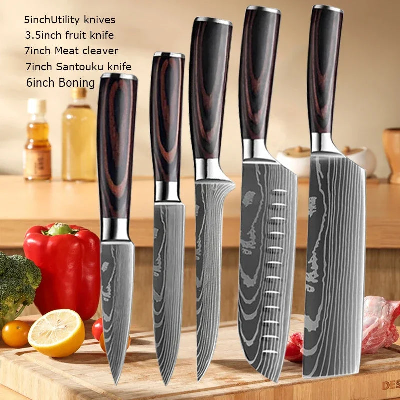 Damascus Chef's Knife Kitchen Knives Set Professional Boning Knife Meat Cleaver Utility Knife Japanese Santoku Knife with Cover