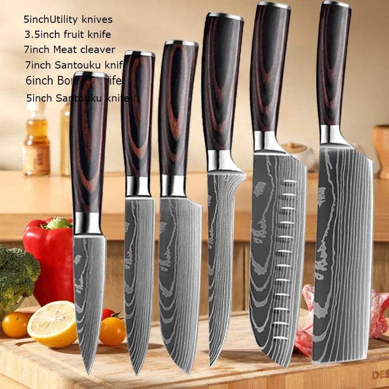 Damascus Chef's Knife Kitchen Knives Set Professional Boning Knife Meat Cleaver Utility Knife Japanese Santoku Knife with Cover