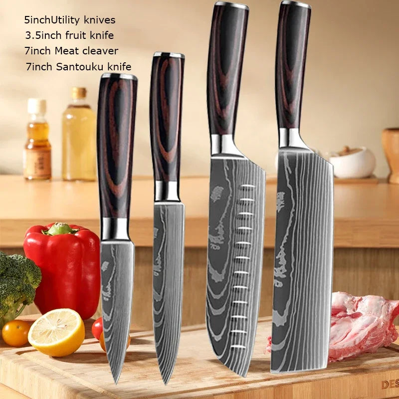 Damascus Chef's Knife Kitchen Knives Set Professional Boning Knife Meat Cleaver Utility Knife Japanese Santoku Knife with Cover